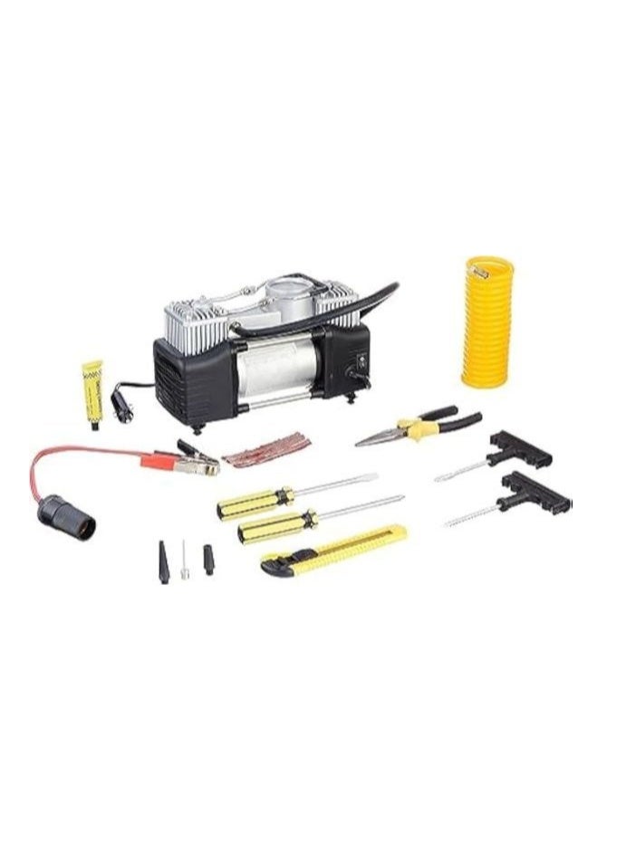 منفاخ هواء مزدوج المكبس للإطارات والدراجات والكرات يعمل بالبطارية وولاعة السيارة مع كيت محمول كامل - Image 2